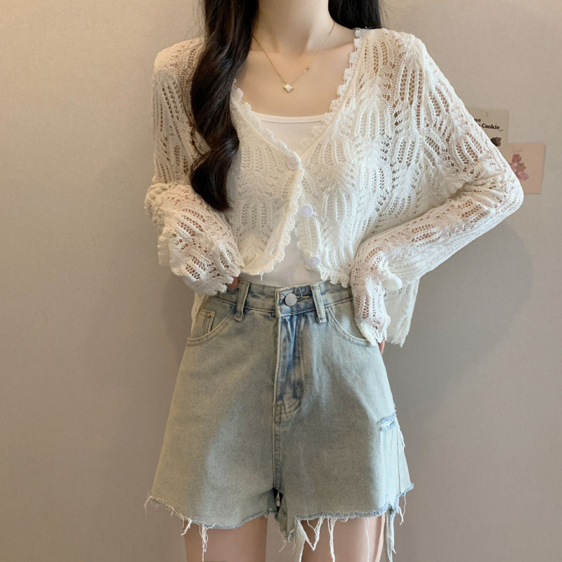 Vネック薄手ニットカーディガンレディース夏中空大きいサイズ日焼け止め服サスペンダースカート付き小さなアウターカバーアップ|undefined