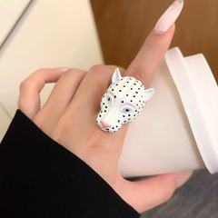 欧美小众设计夸张珐琅豹子头开口戒指女轻奢高级感独特百搭食指环