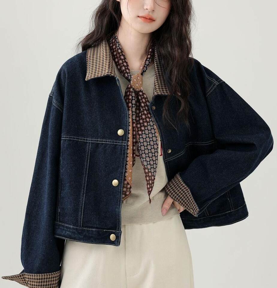 Áo khoác denim nữ ngắn phối caro cổ ve áo tay dài — màu xanh (chất lượng cao) chi tiết 11