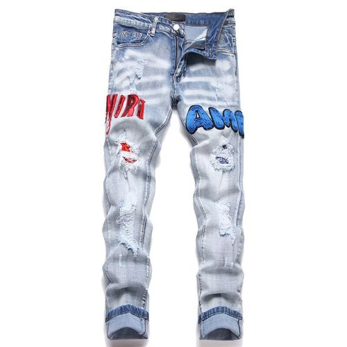 High-Version AM Style Punk Retro Blue Ripped Slim Fit Elastic Print Dye Men's Jeans