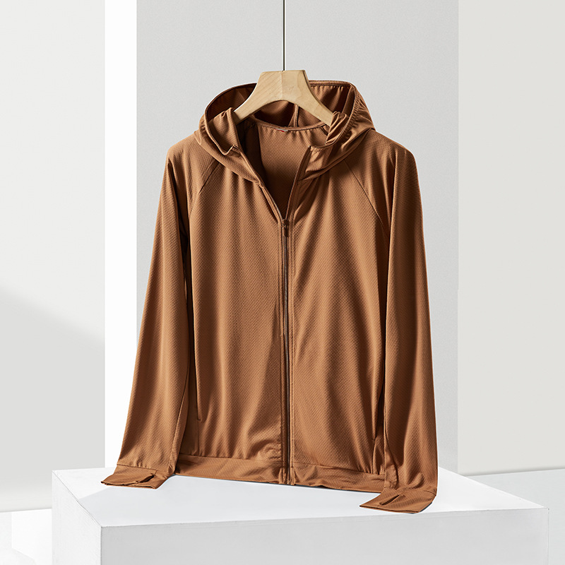 Ropa de protección solar para mujeres pareja de hielo ropa de protección solar anti-UV delgada con capuchón de punto chaqueta transpirable