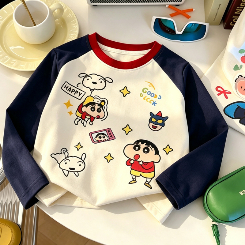 Color-blocked cartoon Shin-chan print cotton long-sleeved T-shirt, autumn style, Korean casual versatile round neck children's top