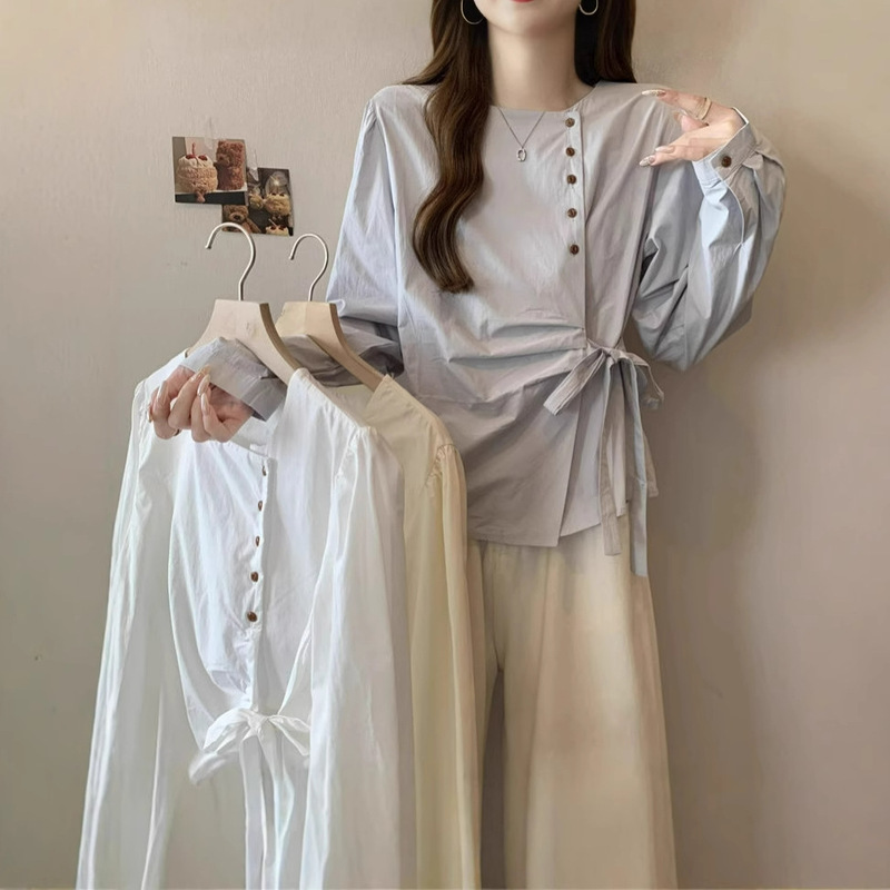 Crewneck Button Lace-up Bow Shirt Autumn plus size Fat Sister Western-style Design All-match Slim-fit Top for Women