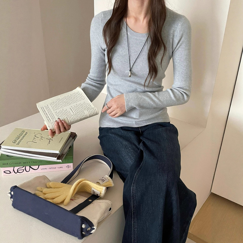Korean Autumn and Winter New Low Round Neck Candy Color Slim Simple Long-Sleeved Knitted Bottoming Shirt for Women to Wear Layered Knitted Inner Wear
