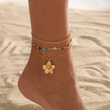 欧美跨境甜酷ins金属花朵吊坠脚链女 沙滩度假风彩色水晶链条脚饰