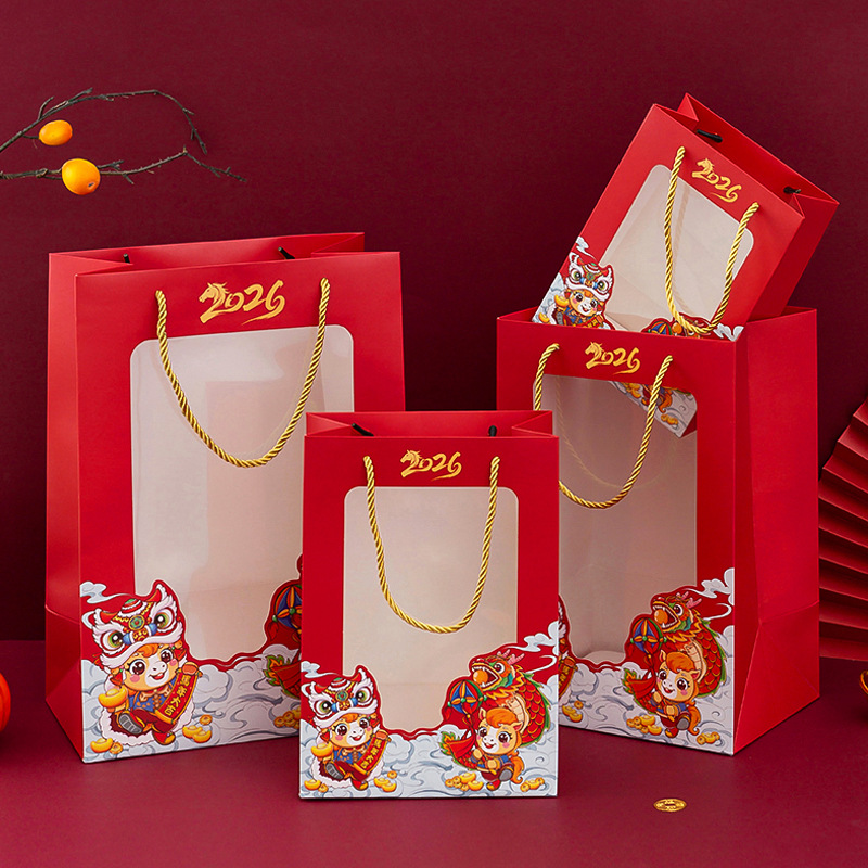 新款马年高级感手提袋透明开窗袋红色礼品袋年会喜庆福袋毛绒玩偶