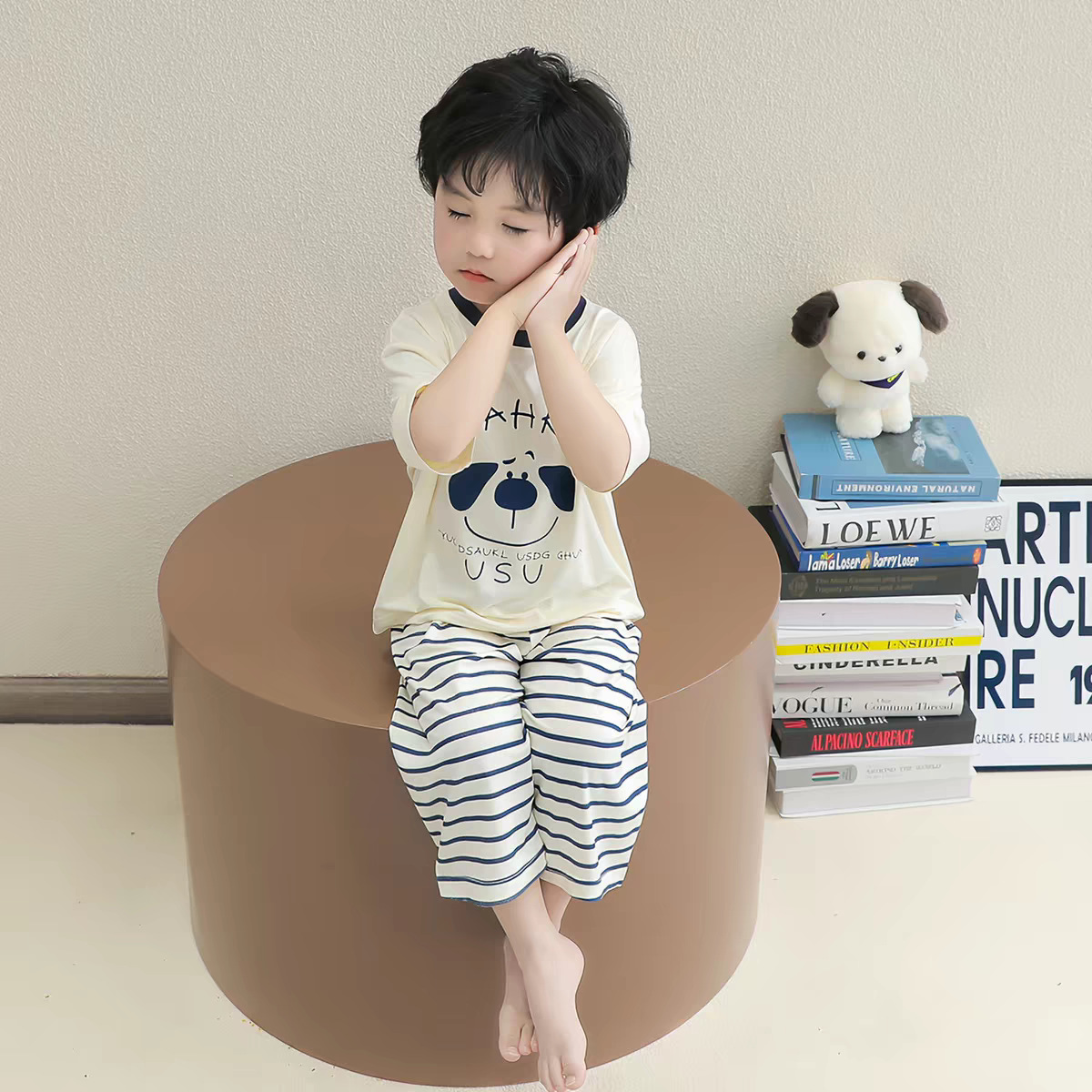 Short-sleeved cropped trousers-striped navy blue / 90cm [recommended height 80cm] skin-friendly and highly elastic modal