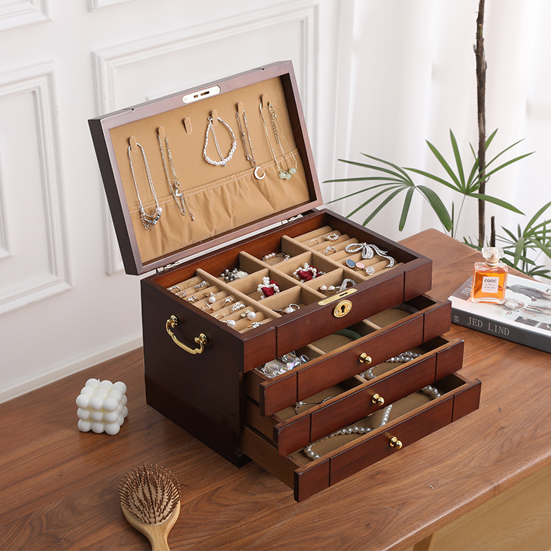 Fábrica transfronteriza caja de joyería de madera pendientes collar caja de almacenamiento caja de joyería de madera maciza vintage caja de anillo de joyería