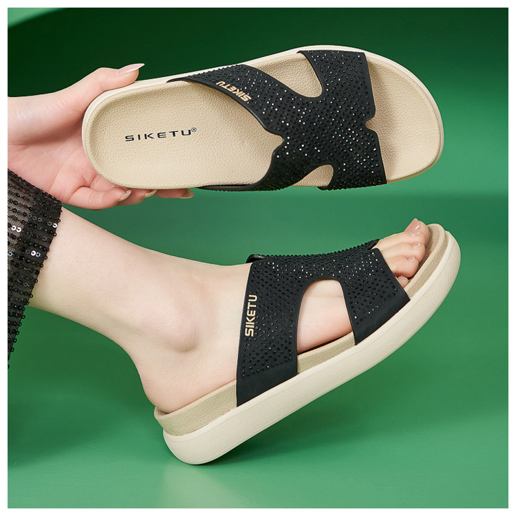 Dép sandal nữ xỏ ngón đế bệt đính đá lấp lánh phong cách Hàn Quốc — màu đen, màu hồng, màu mơ chi tiết 15