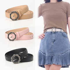 批發時尚復古輕奢腰帶女簡約太陽花合金扣女士皮帶裝飾牛仔褲帶女