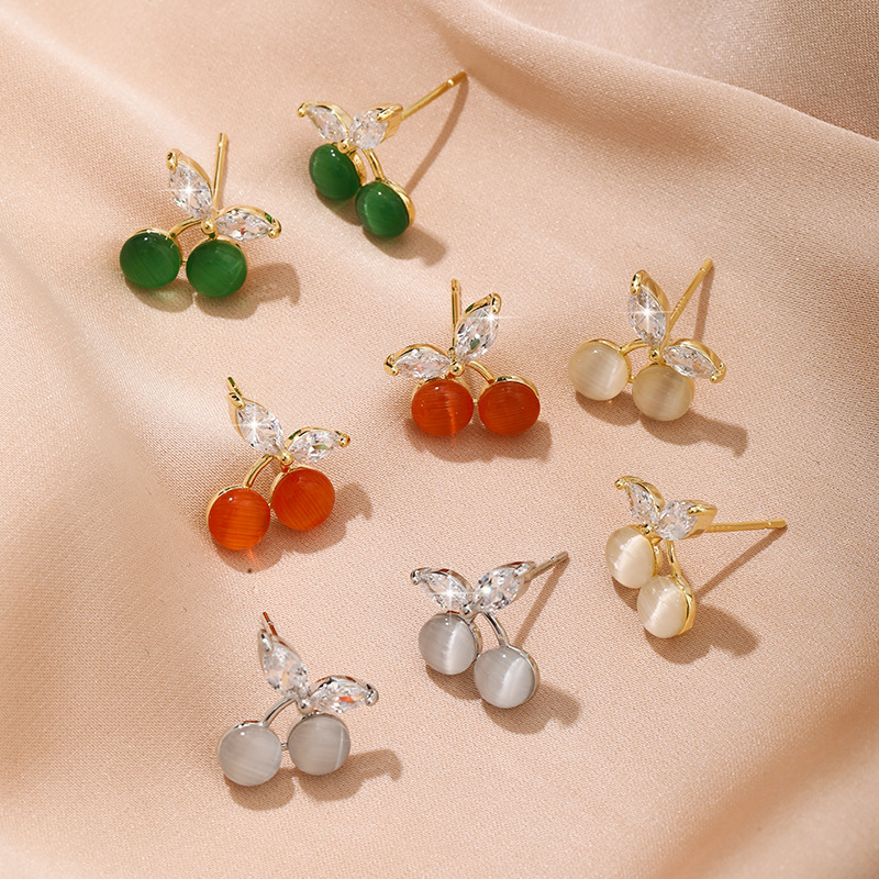 5g Weight 925 Sterling Silver Ear Needle Material Zircon Inlay Material 1 Pair Sweet Cherry Cat's Eye Stone Copper Zircon Ear Studs