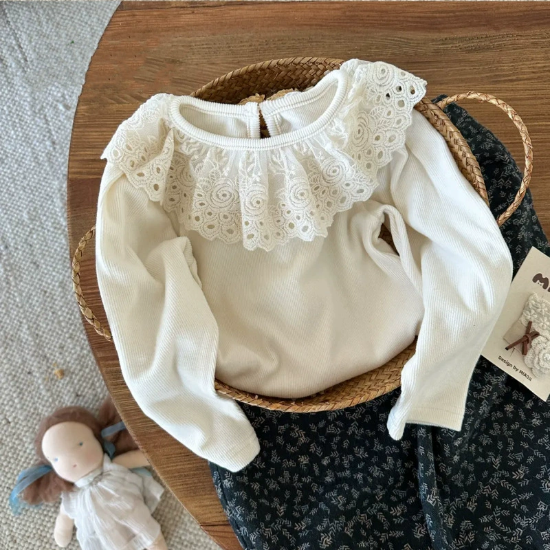 Doll, футболка для девочек, осенняя базовая одежда для детей с длинным рукавом, воротник кукла, западный стиль, детская одежда