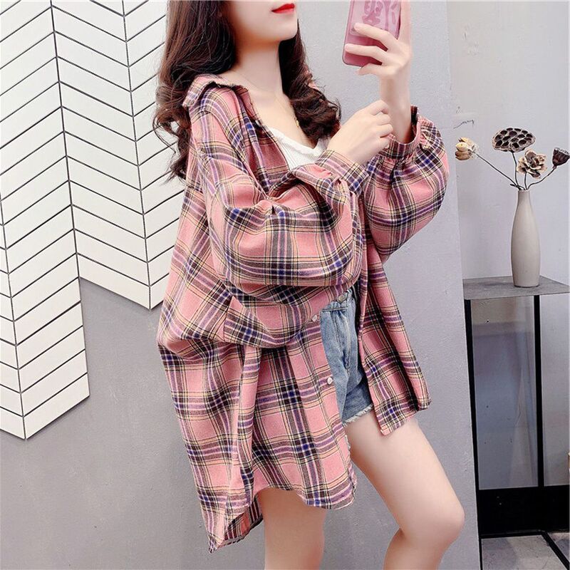 Spring and Autumn Niche Design Sense Loose Plaid Shirt Women's All-match Korean Style Shirt Outer Wear Retro Top Coat