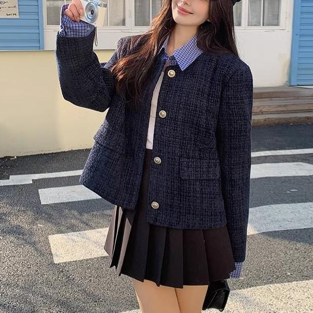 2025春新款高端设计感格纹拼接小香风外套女休闲百搭洋气设计上衣|undefined