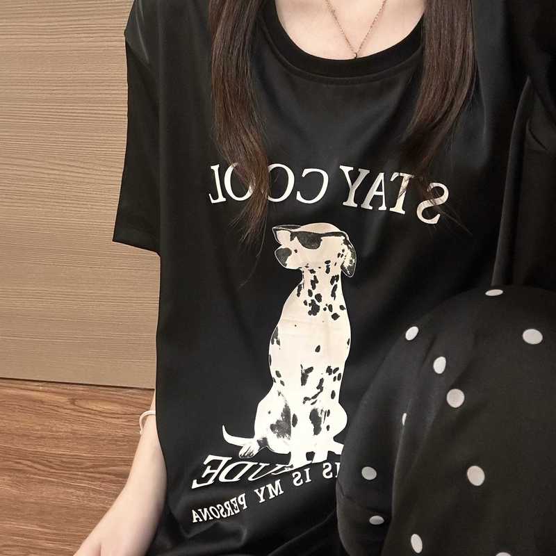 韓国版甘くてクールな子犬プリント水玉半袖パジャマ女性の夏の新しいカジュアルズボン大きいサイズのホームウェアセット|undefined
