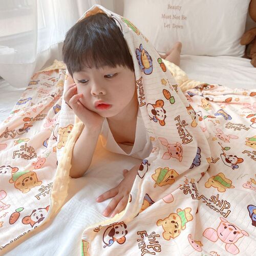 Summer and autumn thin children's jellybean rug 100% cotton embroidered breathable double-layer cover blanket air-conditioned room small comfort push car blanket