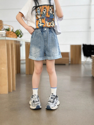 Short denim jeans for girls, new loose trendy children's summer turn-up shorts