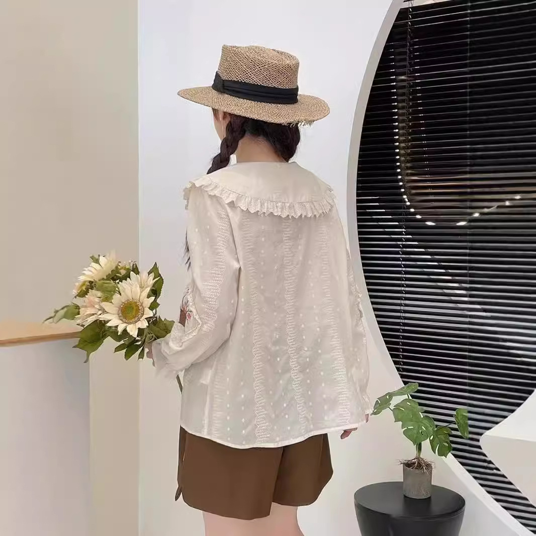 (2개) 2024 년 가을 새로운 여성 옷깃 일본면 및 리넨 셔츠 루즈 셔츠 올매치 자수 예술적 스타일 탑 모리