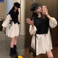 孕妇装春秋款韩版连衣裙潮妈中长款外穿时尚拼接圆领上衣孕妇休闲