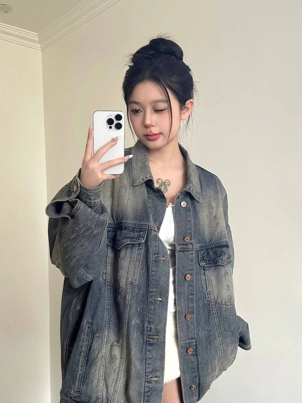 美式复古做旧磨破牛仔外套男女春秋新款潮牌宽松休闲夹克长上衣潮|undefined
