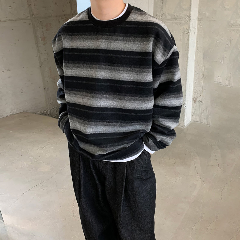 Black striped crew-neck knit sweater, men's plush long-sleeve T-shirt, spring/autumn style, with a high-end, retro, and loose fit