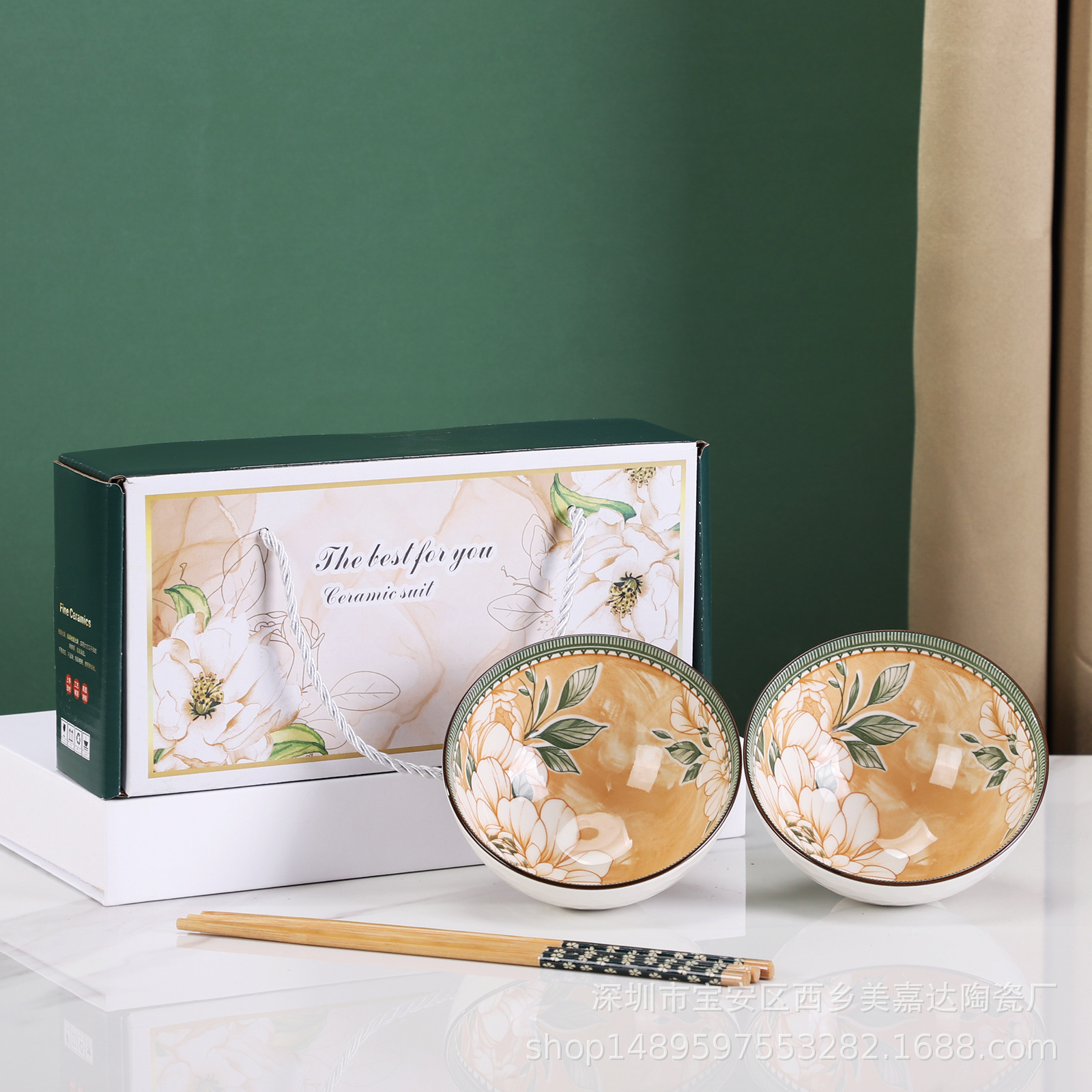 Regalo bohemio tazón de cerámica y palillos traje al por mayor tazón y plato traje hogar tazón de arroz vajilla conjunto tazón caja de regalo traje