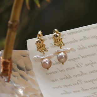 Gold-Injected Lava Natural Baroque Light Purple Edison Earrings Natural Freshwater Baroque Pearl Earrings for Daily Use