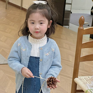 2025春秋跨境女童开衫洋气棉针织开衫ins女宝宝棉线手工绣花开衫