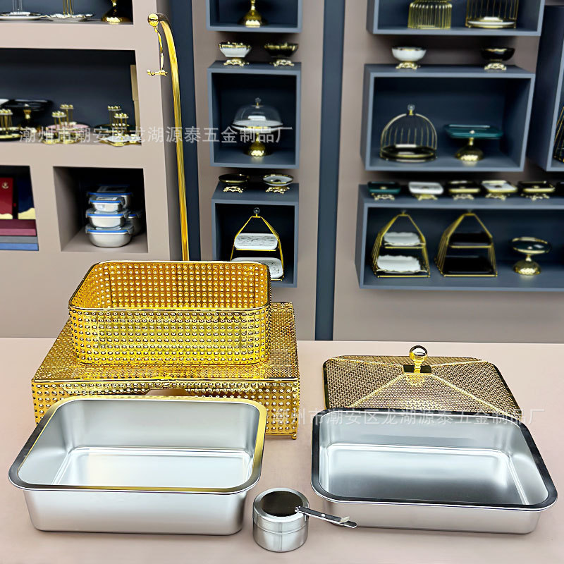 跨境外贸方形不锈钢酒精炉吊盖金色酒精锅自助餐炉Chafing Dish|undefined