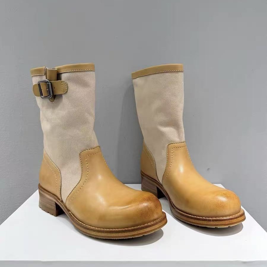 4cm Lift Buckle Detail Round Toe Chunky Heel Riding Boots For Women - Stackable Mid-Calf Boots Distinctive Buckle Accent_vogvips.com
