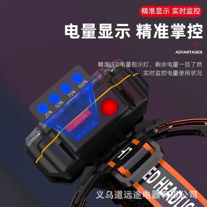 Ocho cabezas núcleo nuclear fuerte luz súper brillante faro USB recargable al aire libre ultra-larga espera de doble batería de litio linterna montada en la cabeza