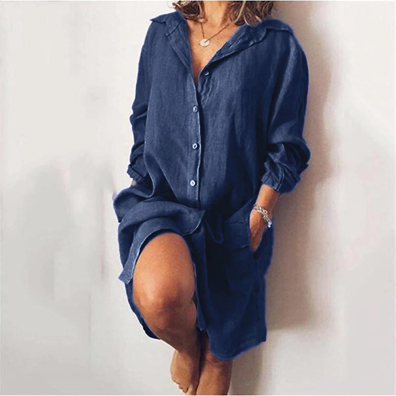 Damen-Strickjacke mit langen Ärmeln, einfarbig, mittellang, aus Baumwoll-Leinen-Mischgewebe, einreihig, lässiges Hemd_voghion.com