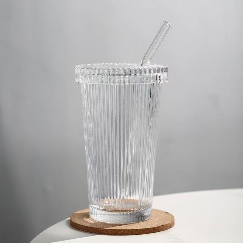 简约竖纹吸管玻璃杯ins网红水杯奶杯泡茶汁杯室带盖杯子ins风饮品