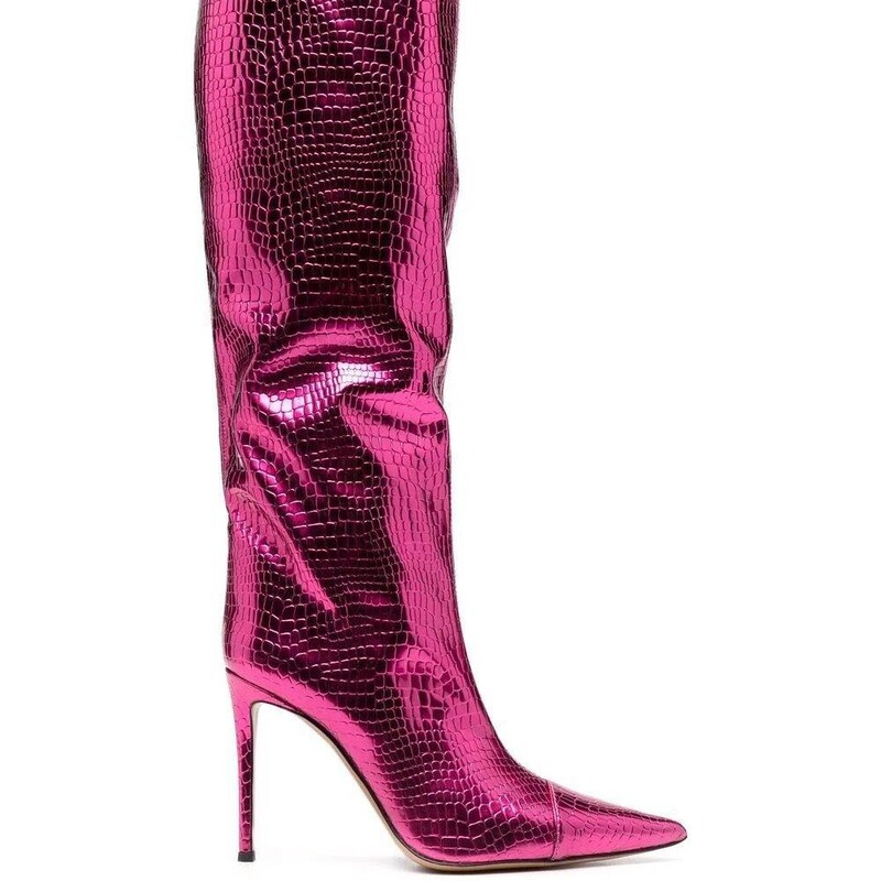Stiletto Pointed Toe Gold and Silver Phantom Laser Metallic Patent Leather Snake Pattern Shiny Leather Boots Stiletto Pointed Toe Gold and Silver Phantom Laser Metallic Patent Leather Snake Pattern Shiny Leather Boots