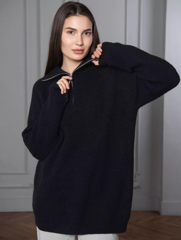 Lockerer, übergroßer Strickpullover mit halblangem Revers und kontrastierendem Streifenmuster für Damen_voghion.com