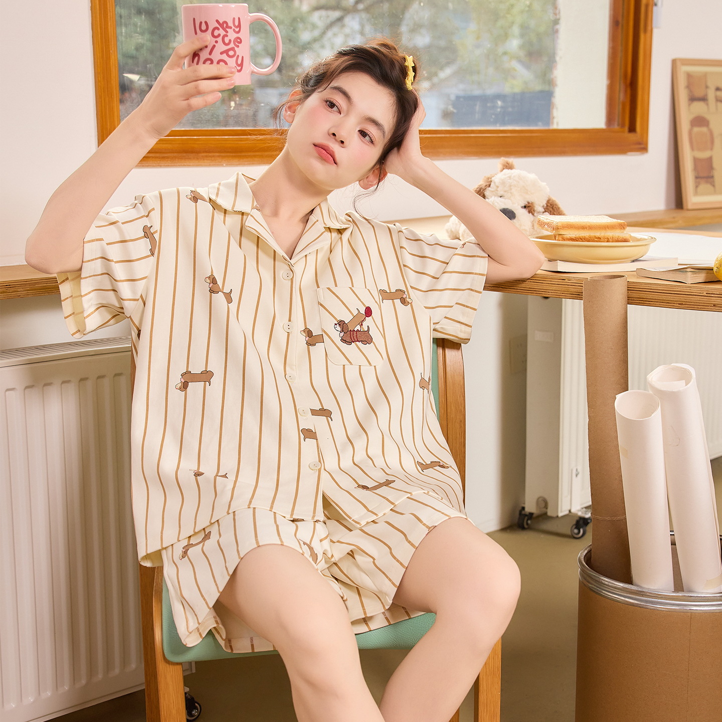 100%纯棉睡衣女士夏季短袖短裤开衫翻领甜美薄款家居服套装两件套