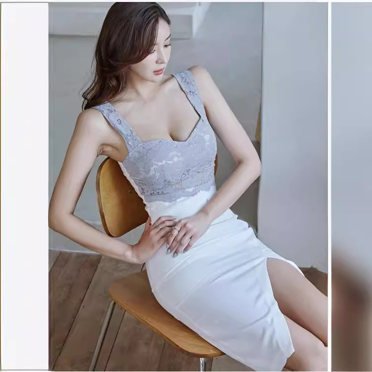 外贸女装2023夏装新款韩版气质蕾丝拼接吊带裙修身包臀开叉连衣裙