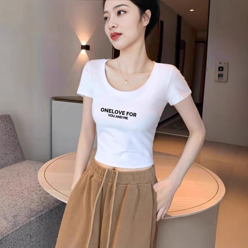 White Short-Sleeve Crop Top for Women, Spring/Summer 2025 New Style, Slim Fit, U-Neck Design, High-Waisted Short Top, Trendy