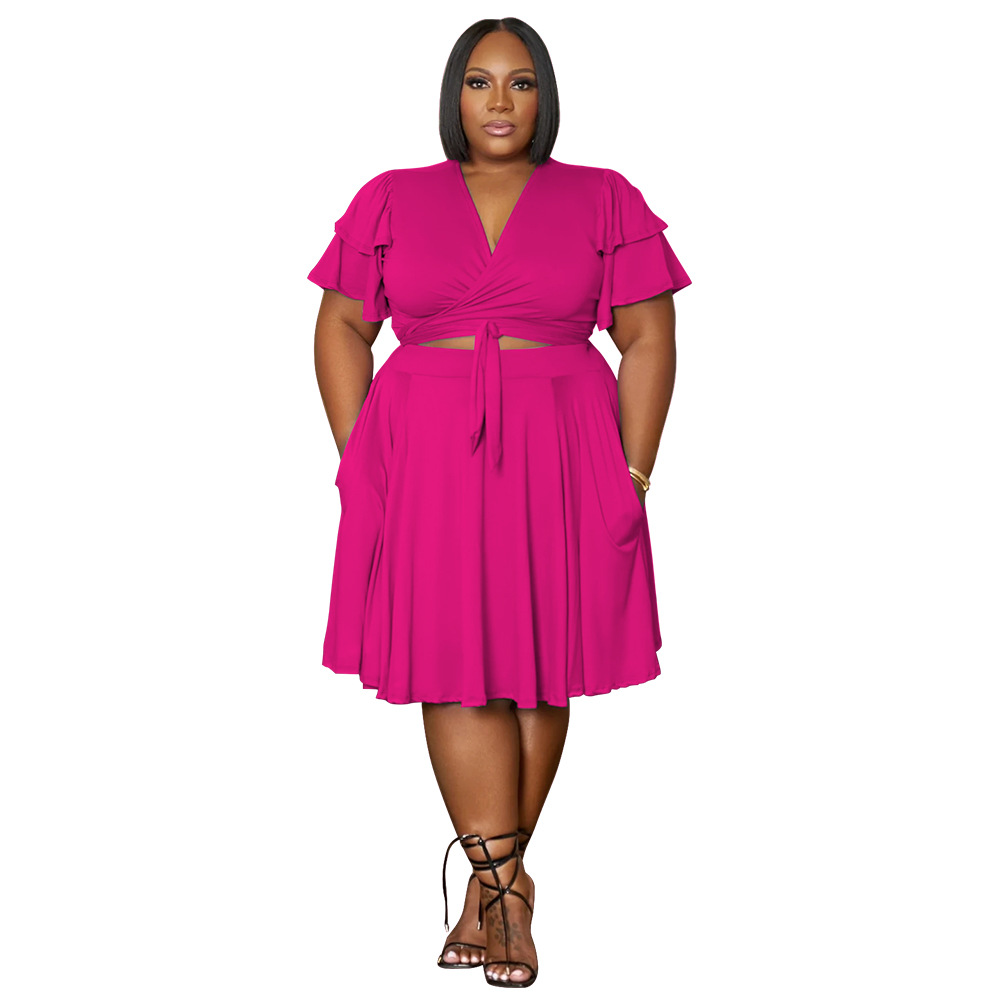 385g Weight Short Sleeve Sleeve Length Spandex Fabric Type Skirt Co-ord Set Sets Type 2 Pieces Set Quantity Daily Occasion V Neck Neckline Regular Fit Fit Type Solid Color Pattern Summer Season Pleated Design Casual Style Daily Casual Solid Color Spandex Pleated Skirt Co-ord Set Plus Size Two-piece Sets 17