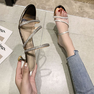 New Summer 2025 Women's 3cm Half-Slip High-Heeled Shoes, Elegant Low-Heeled Medium-Heeled Rhinestone Fairy Style Outer Sandals and Slippers