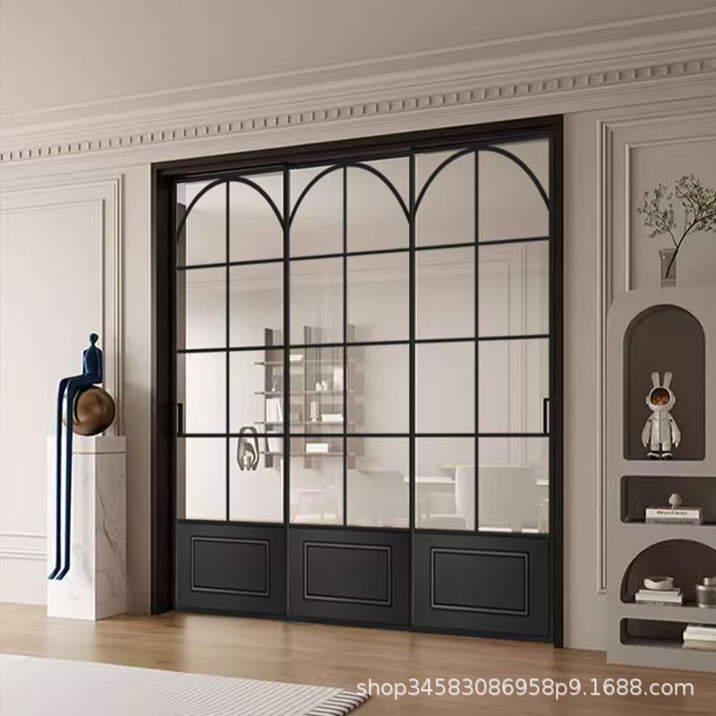 Customized Three-Link French Retro Door Aluminum Alloy Balcony Kitchen Retro Sliding Door New Chinoiserie Glass Old Iron Door