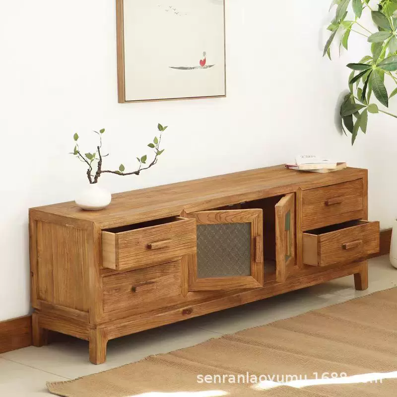 老榆木中式电视柜整装简约储物柜带抽屉二斗柜子客厅玻璃电视柜