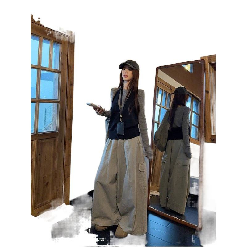 韩系穿搭灰色针织衫挂脖吊带水洗工装休闲裤女2025秋季新款套装潮|undefined