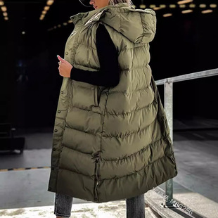 Cross-border European and American Solid Color Mid-length Vest Hooded Top Women's Casual Fashion Zipper Single-breasted Jacket