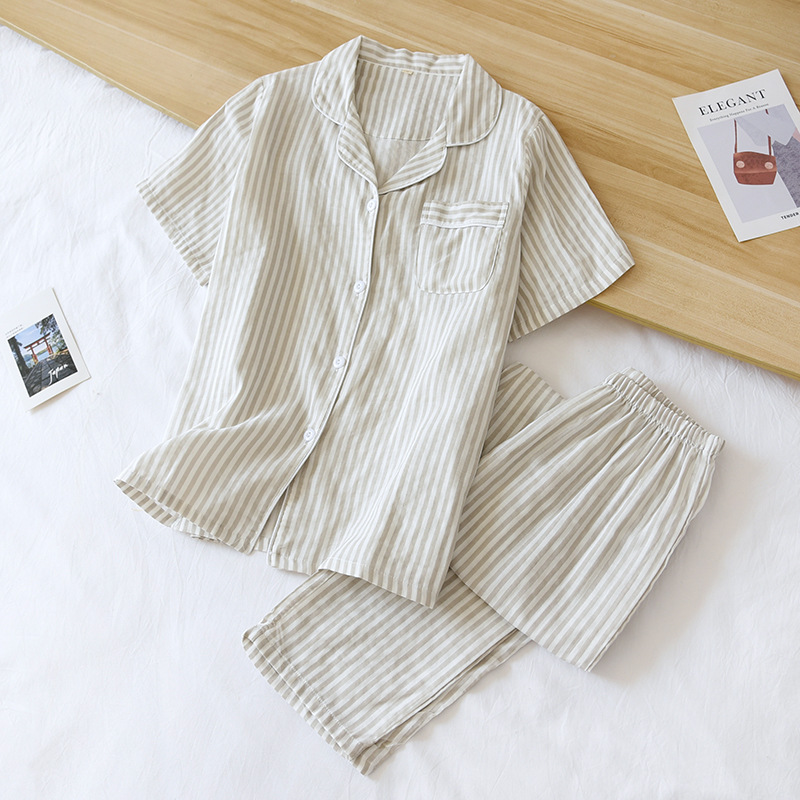 SXL女性茶色ストライプ-ガーゼ短丈