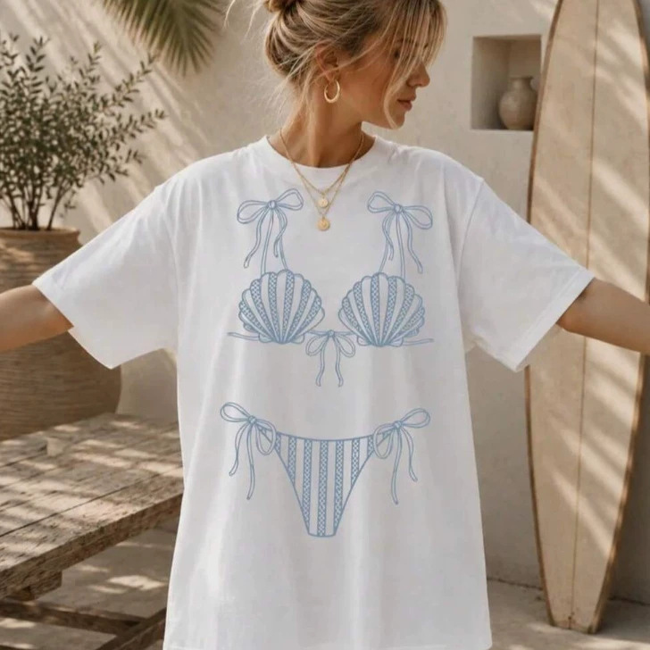 New cross-border Amazon summer plus-size women's top, white swimwear print loose short-sleeve T-shirt for women New cross-border Amazon summer plus-size women's top, white swimwear print loose short-sleeve T-shirt for women