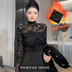 秋冬季加绒加厚半高领长袖蕾丝打底衫女气质修身显瘦外穿上衣