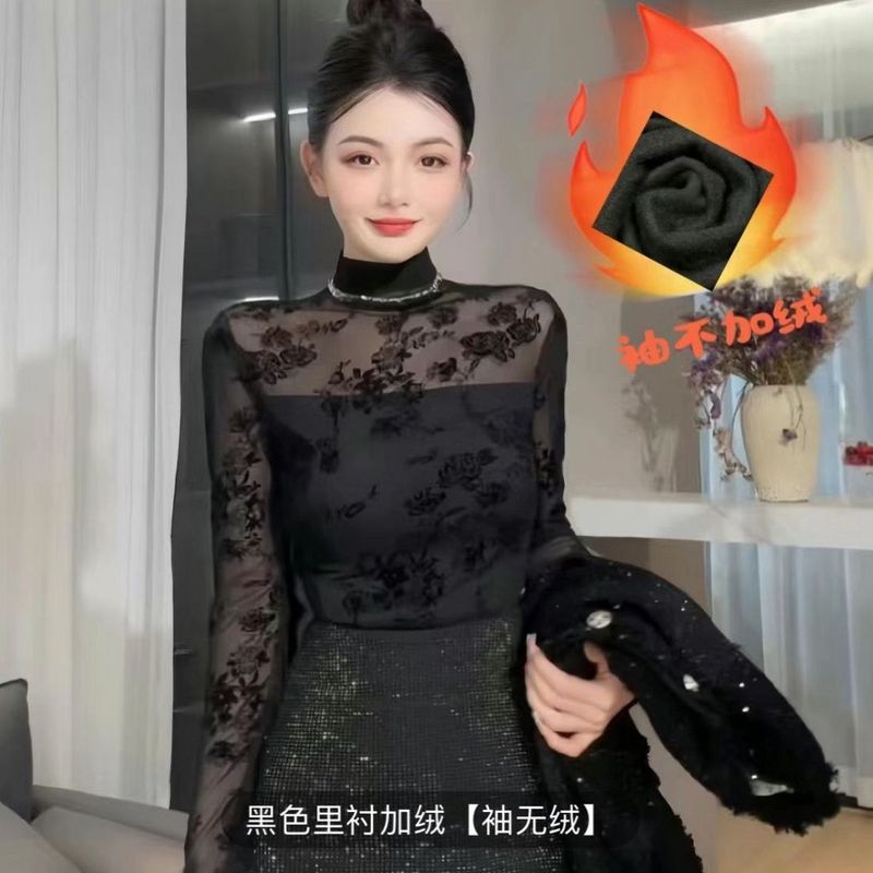 秋冬季加绒加厚半高领长袖蕾丝打底衫女气质修身显瘦外穿上衣|undefined