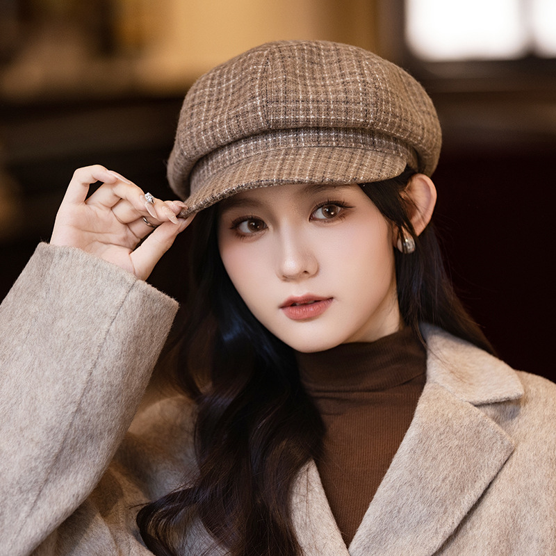 新款显脸小平顶鸭舌帽英伦风秋冬女士鸭舌帽八角帽女贝雷报童帽子|undefined
