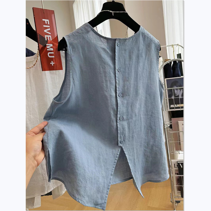 # 804 Sleeveless Cotton and Linen Shirt for Women, Summer Round Neck Vest Design Shirt, Fashionable and Loose